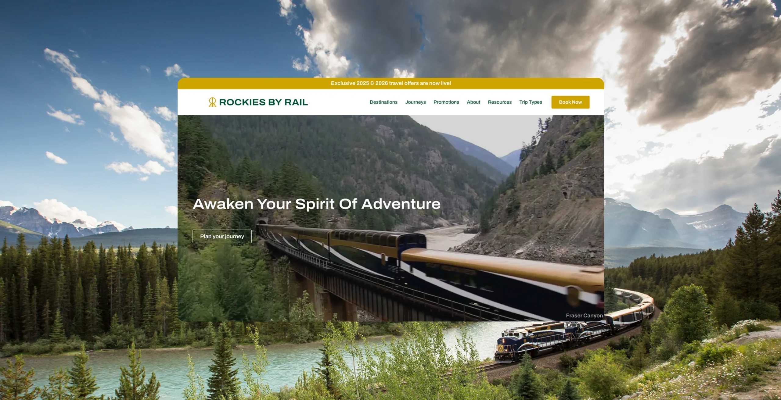 The image appears to be a screenshot of a website promoting train travel, featuring stunning natural landscapes. The text reads: "Awaken Your Spirit Of Adventure." The website likely offers information about travel experiences by rail, encouraging exploration and adventure.