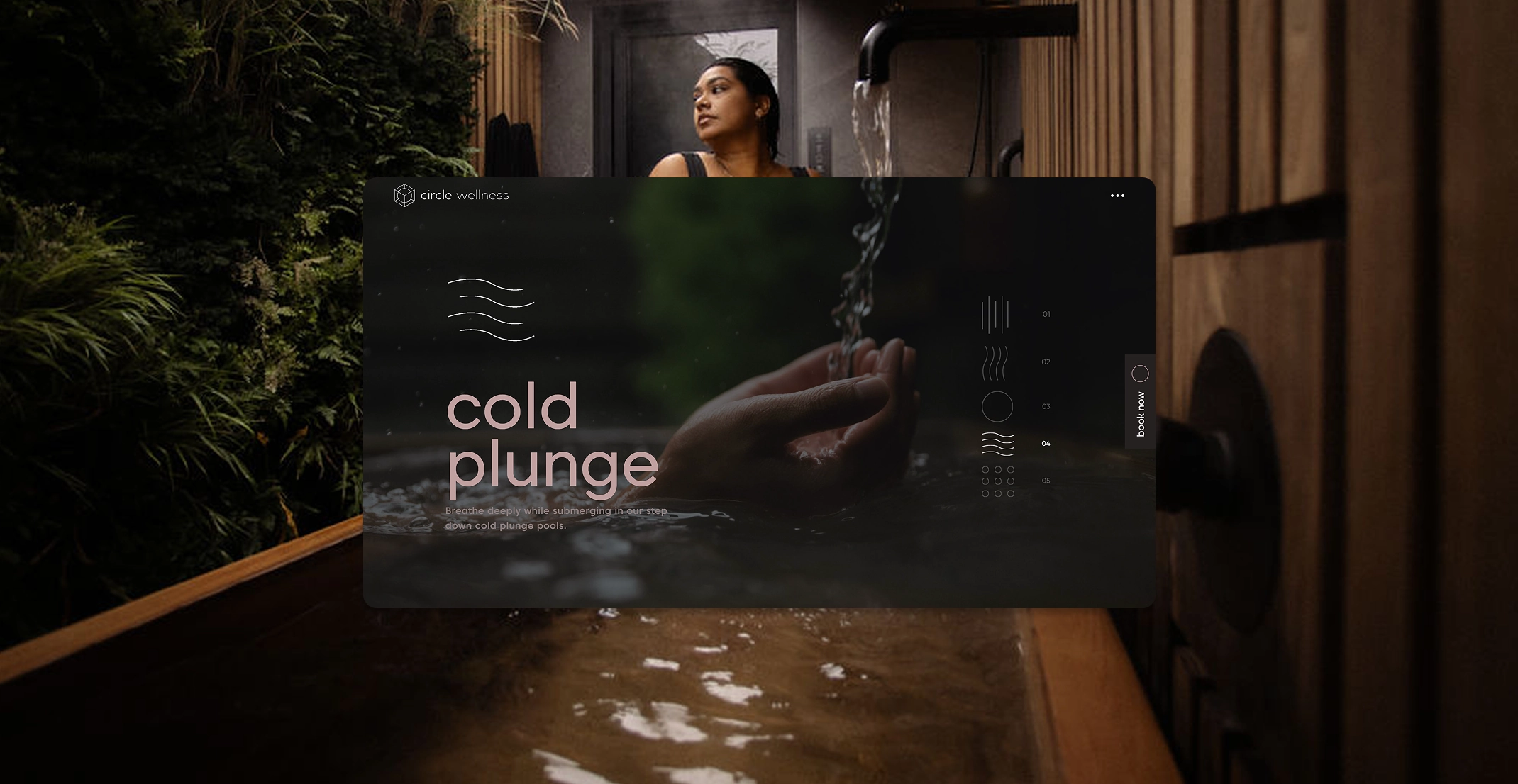 Person enjoying a cold plunge at a serene wooden spa, featuring Hope Media House branding.