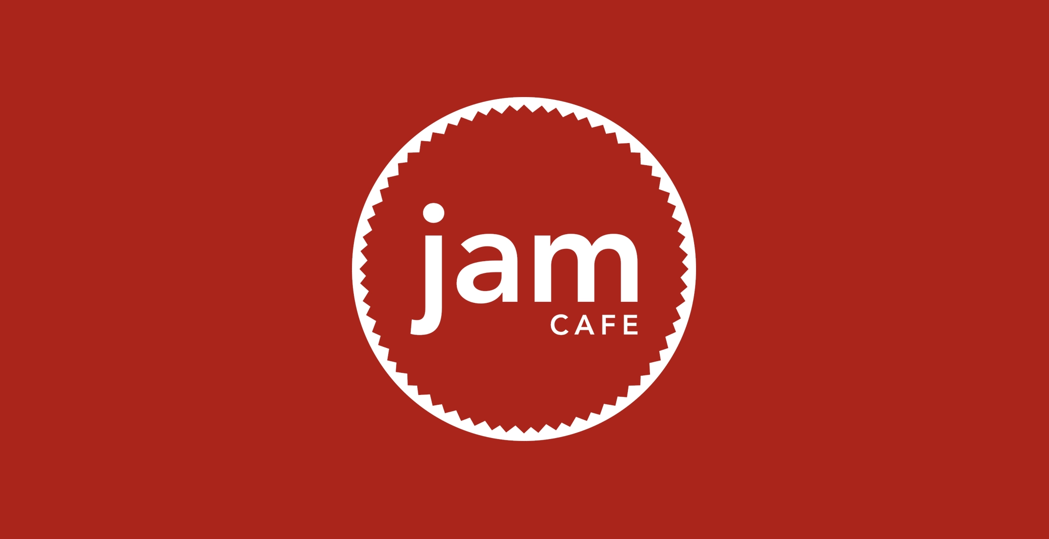 Red Jam Cafe logo with white text, designed by Hope Media House, features a circular, saw-tooth border.